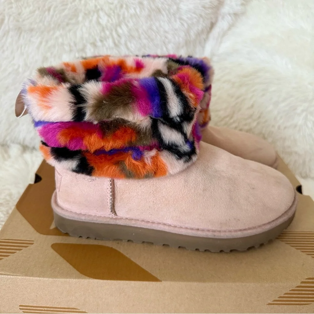 UGG Fluff Mini Quilted Motlee Pink Suede Multicolor Fur Cuff Ankle Boots Size 7